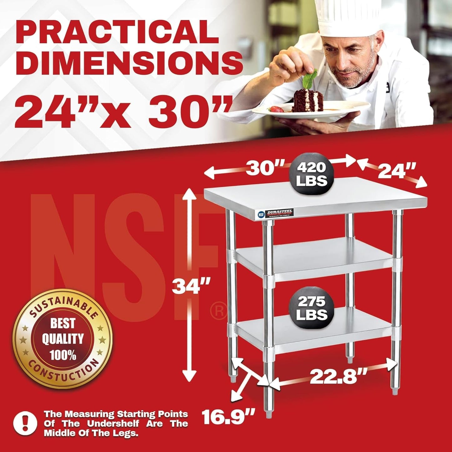 DuraSteel Food Prep Stainless Steel Table - 24 x 30 Inch Commercial Metal Workbench with Adjustable Under Shelf - NSF Certified - for Restaurant, Warehouse, Home, Kitchen, Garage