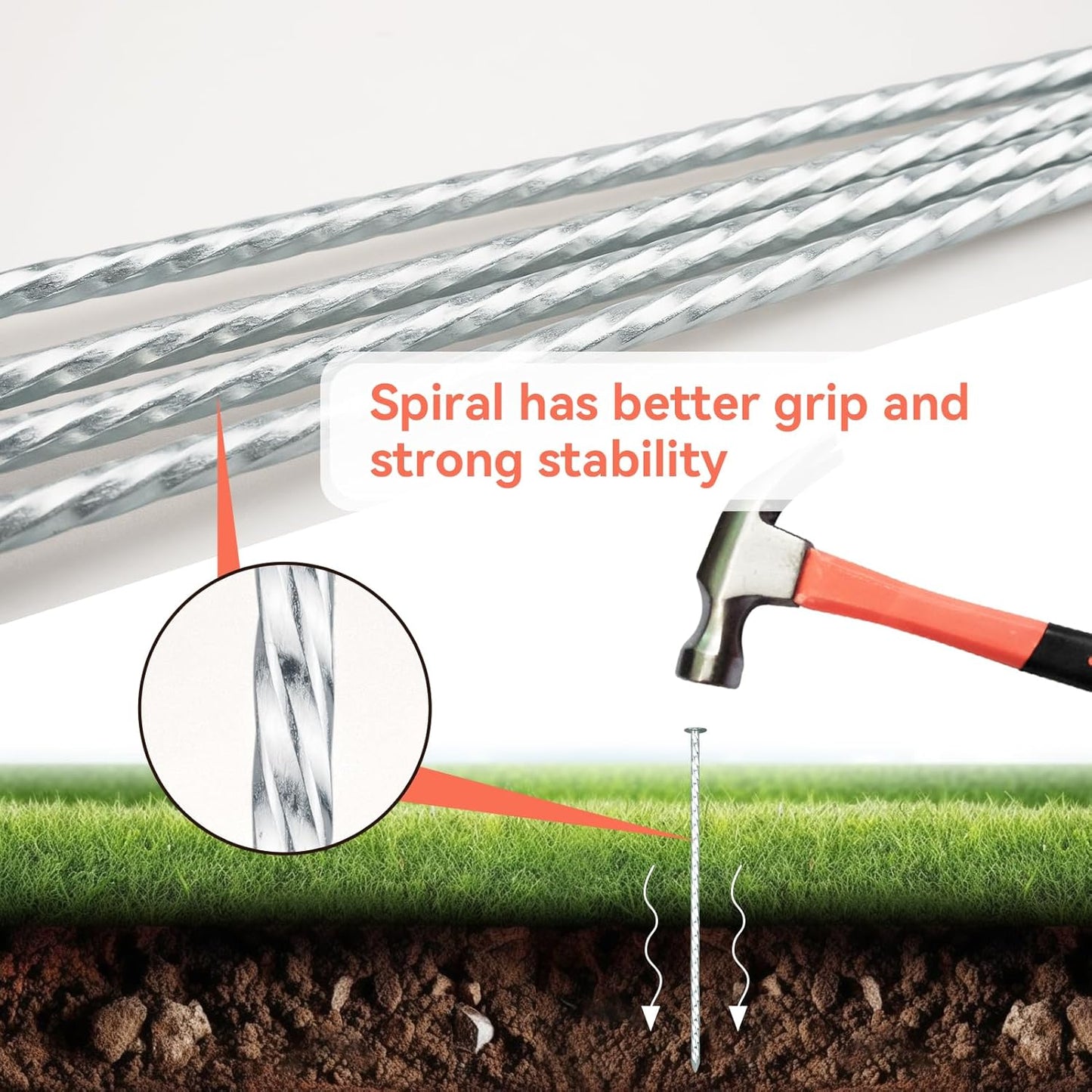 8" Heavy Duty Spiral Landscape Spikes - Solid Galvanized Metal Garden Stakes for Fixing Paver Edging, Weed Barriers, Artificial Turf, Tent and More (200 Pack)