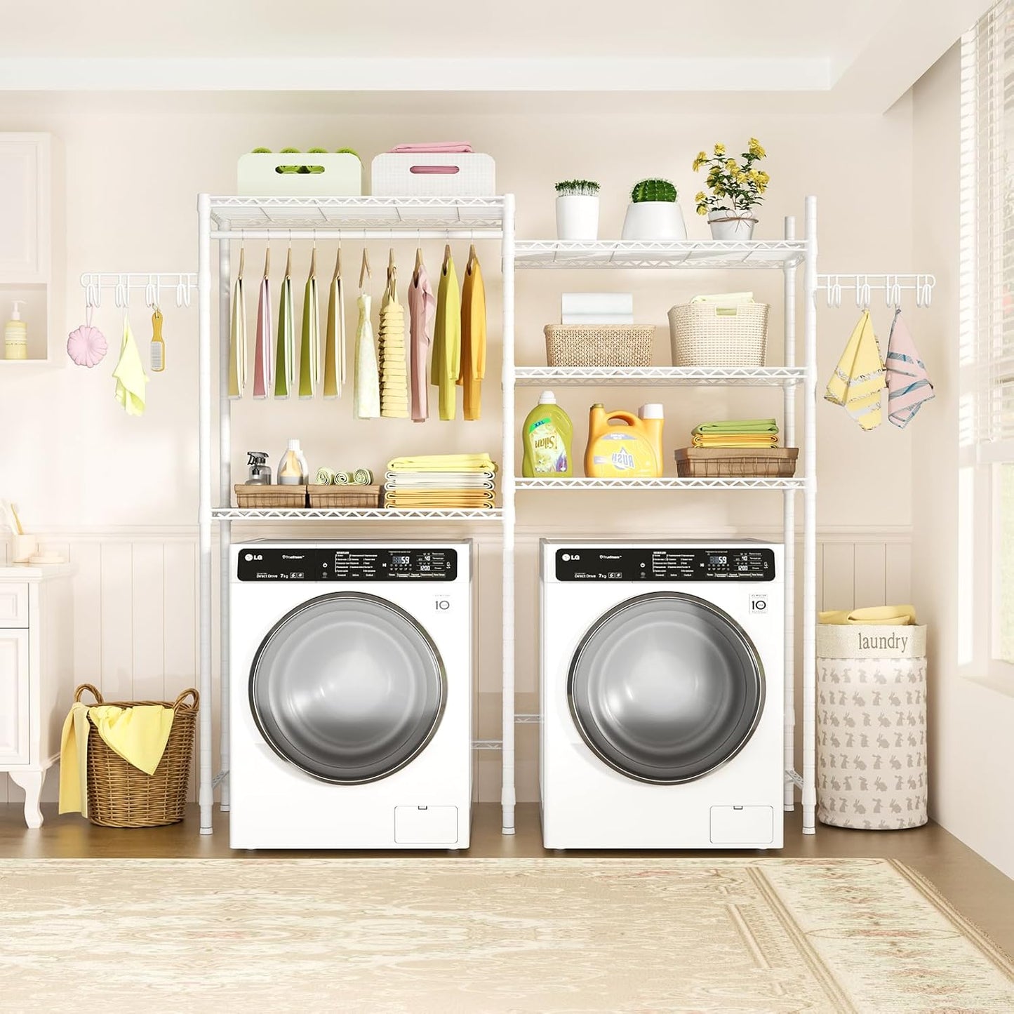 Ulif U5 Over the Washer and Dryer Storage Shelf, Laundry Room Space Saver Bathroom Storage and Organizer Rack for Hanging Towels and Drying Clothes with 5 Wire Shelves, 58.2"W x 13.4"D x 77.5"H, White