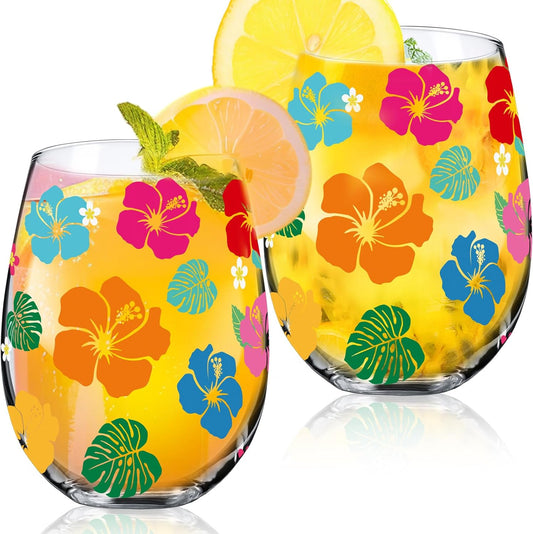 Sliner 2 Pack 17oz Summer Hawaiian Stemless Wine Glasses Aloha Stemless Wine Glass Luau Colorful Flowers Leaves Tumbler Cups for Hawaiian Tiki Party Supplies Birthday Gift