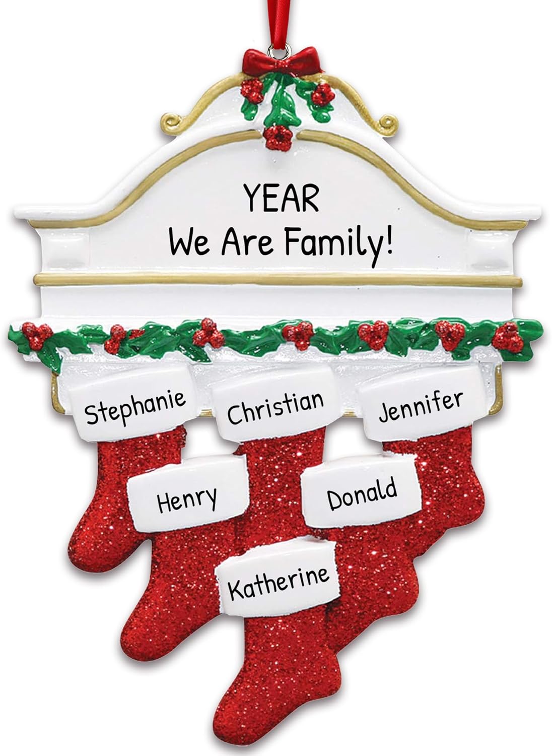 3D White Mantle Family of 6 Christmas Ornament 2025 Personalized Family Christmas Ornaments 2025 | Garland Fireplace Personalized Tree Ornaments Customizable Gifts Red Stockings of Six Ornament