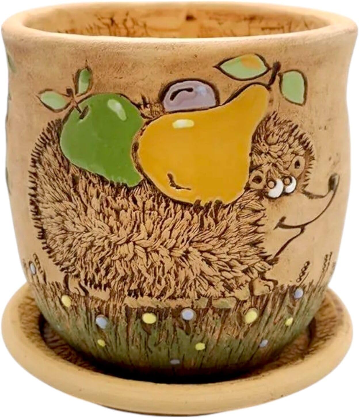 Ceramic Pot with Drainage Hole and Saucer, Plant Pots, Modern Decorative Planters for House Plants Indoor Flowers Plants, Cute Flower Pot - Gifts (Hedgehog (3 L))