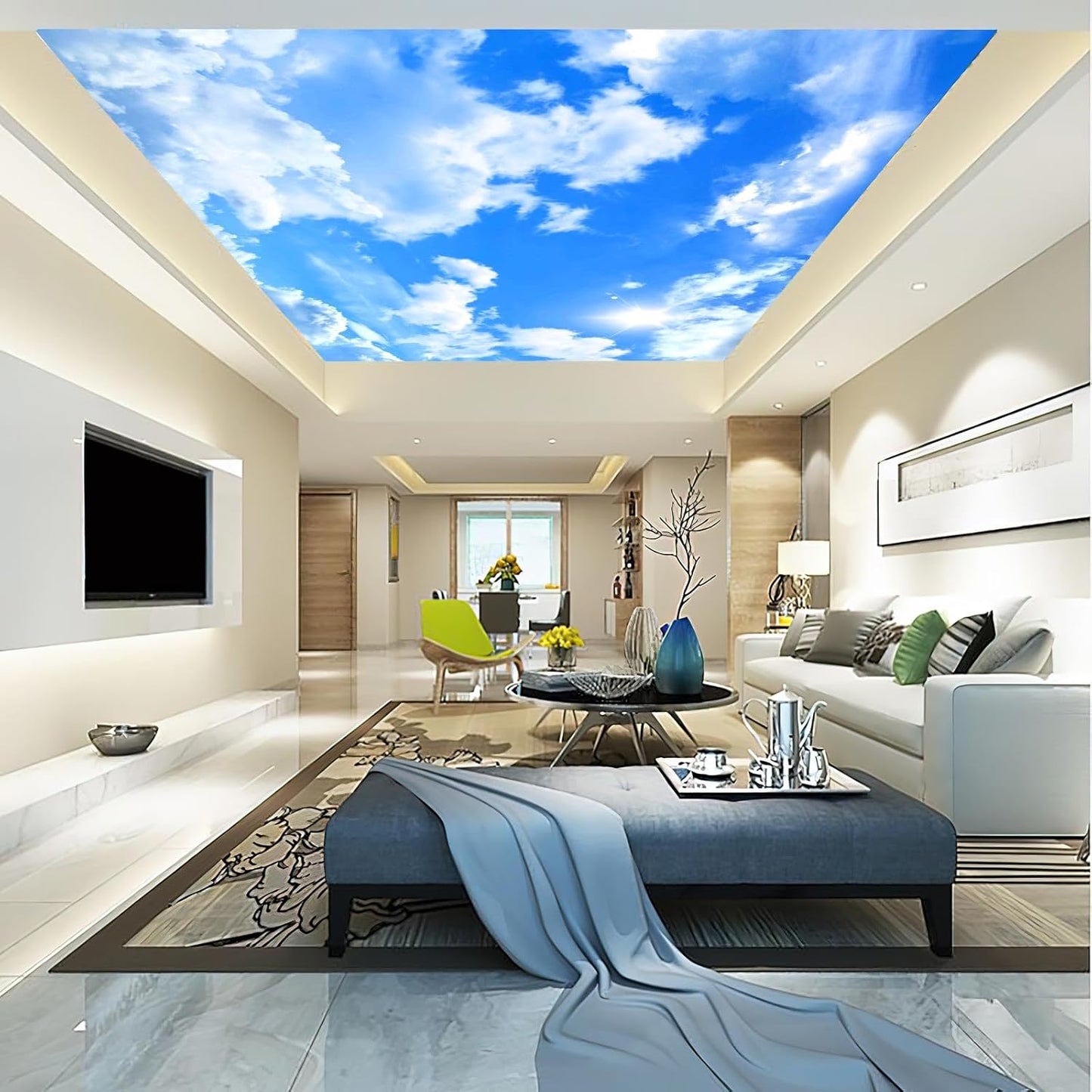 Blue Sky and White Clouds Suspended Ceiling Wall Mural Wallpaper for Bedroom 178" x 117"