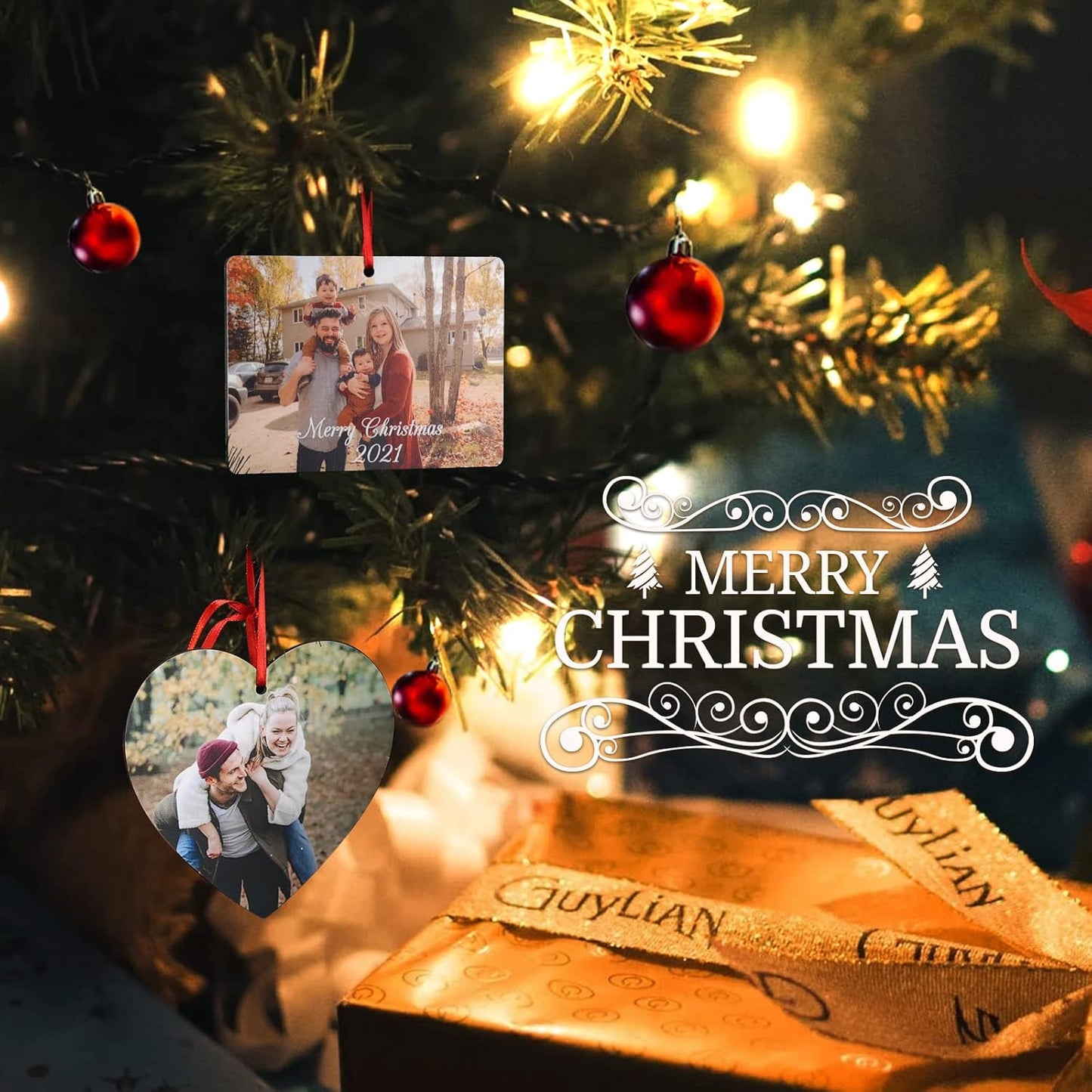 Gemszoo Personalized Picture Christmas Ornament, Custom Double Sided Photo Text Wooden Hanging Xmas Tree Keepsake Pendant Decoration Gift for Family (1, Scalloped Rectangular)