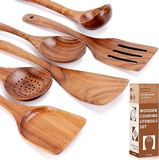 SPATUAMZ Wooden Cooking Spoons, Ladle and Spatula, Fine Polished Teak Wood Cooking Utensils Set of 6, Nonstick Wooden Kitchen Spoon & Spatula Set