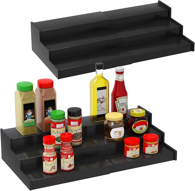 Spice Rack Organizer for Cabinet 2Pack, 3 Tier Expandable Bamboo Spice Storage, Great for Kitchen Cabinet, Cupboard,Pantry and More(Black)