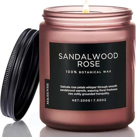 M&SENSE Sandalwood Rose Scented Candle 7.05oz 50 Hours Long Lasting Burn Natural Soy Wax Strong Scented Candle for Home, 2 Wick Home Fragrance Slow Burning Housewarming Gifts for Men Women