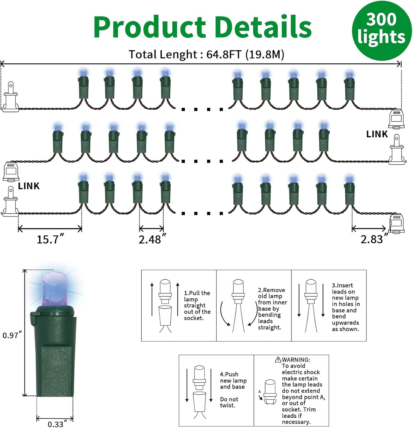Blue Wide Angle LED Christmas Lights, 64.8 Ft 300 Count, Pack of 3 Strands 21.9 Ft 100 Lights UL Certified Commercial Grade Green Wire 5mm Holiday String Light