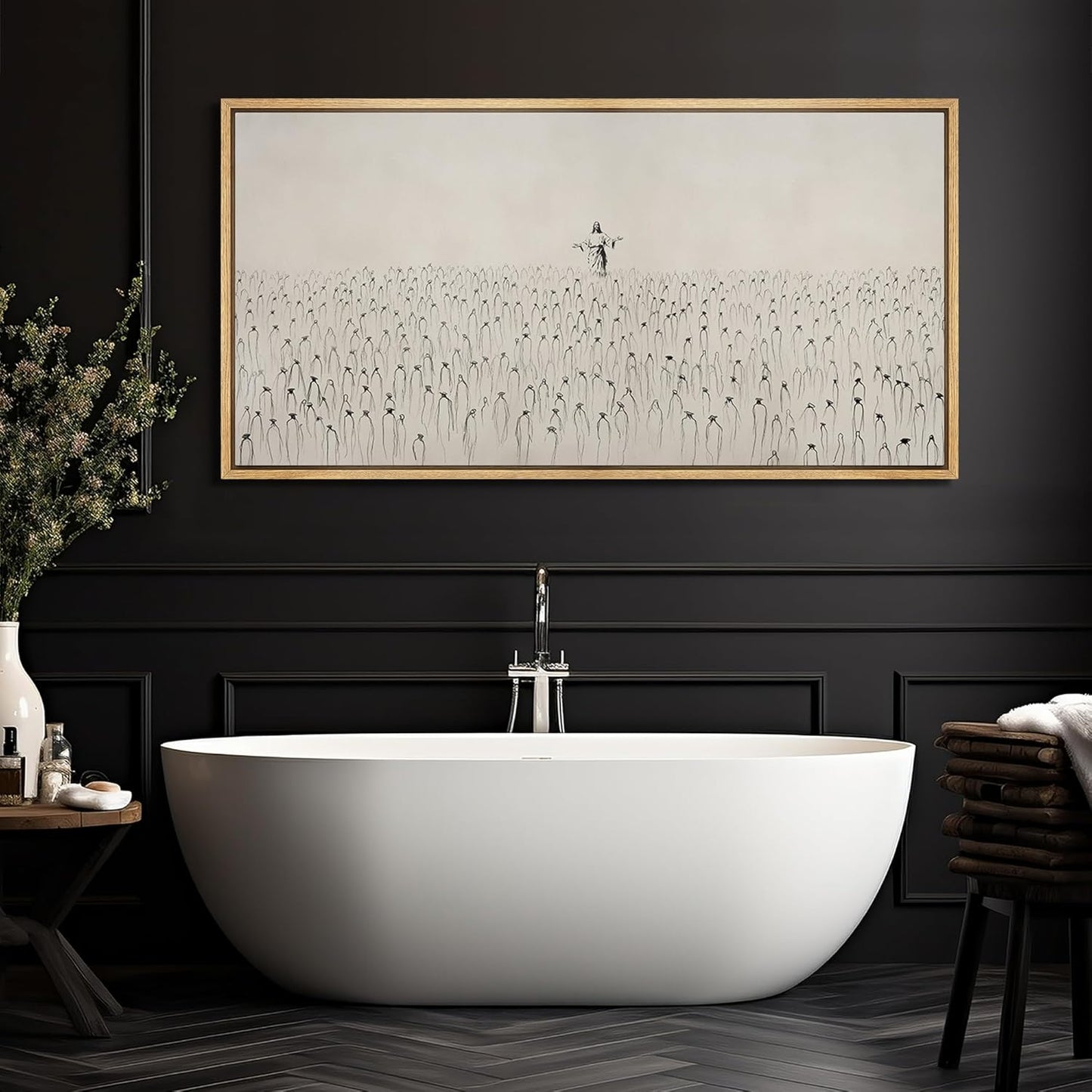 MUDECOR Extra Large Framed Canvas Print Wall Art Jesus Among The People Monochrome Religious Illustrations Decorative Colorful Multicolor for Bedroom - 60"x30"