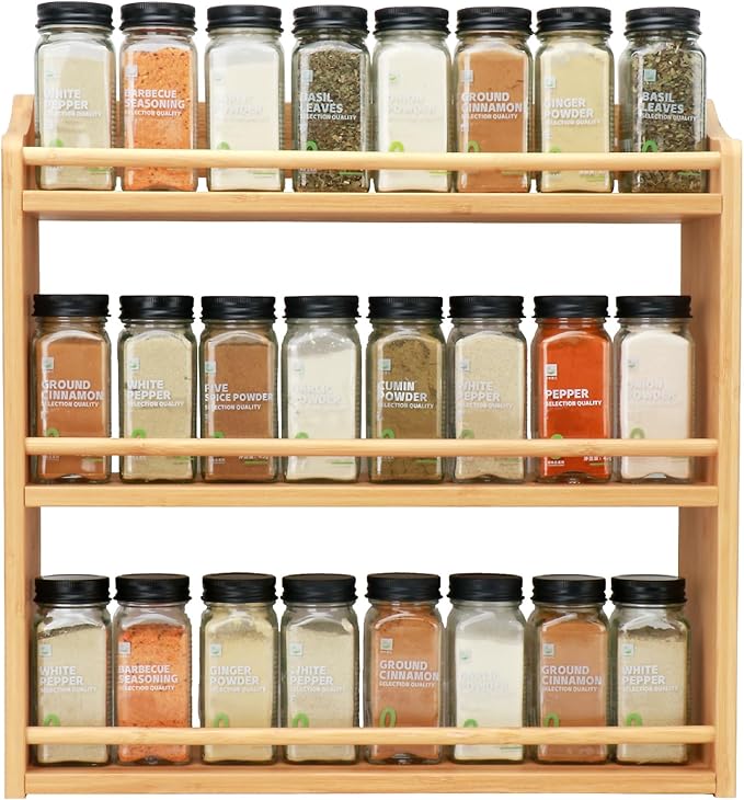3 Tier Bamboo Spice Rack, Spice Rack Organizer, Seasoning Jars Rack Shelf Spice Organizer for Kitchen Counter or Wall Mounting, Bamboo Spice Storage Holder