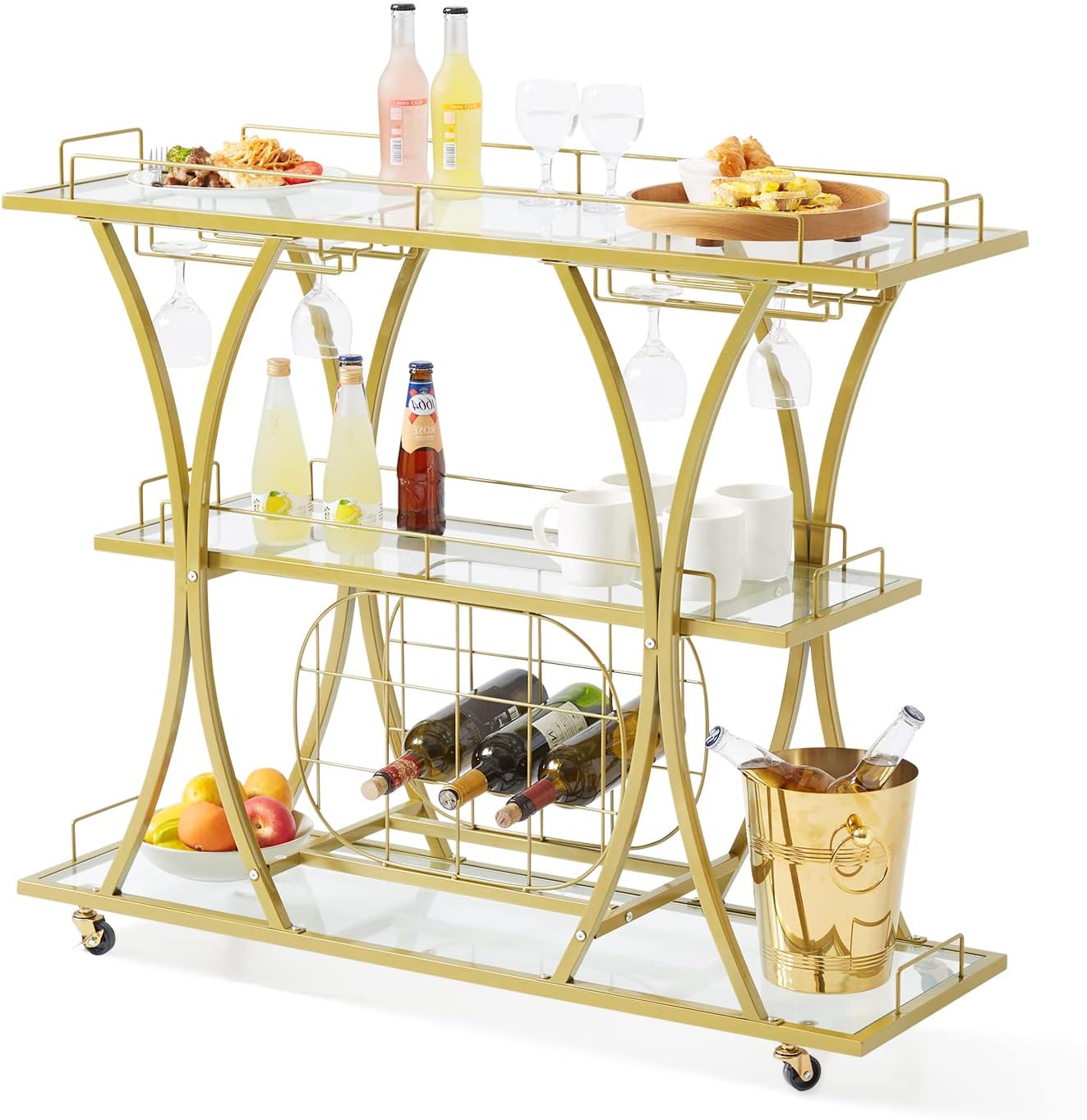 VEVOR Bar Cart Gold, 3 Tiers Home Bar Serving Cart on Lockable Wheels, Rolling Alcohol Cart with Tempered Glass Shelves Guardrail Wine Rack, Modern Wine Cart for Home Kitchen Dining and Living Room