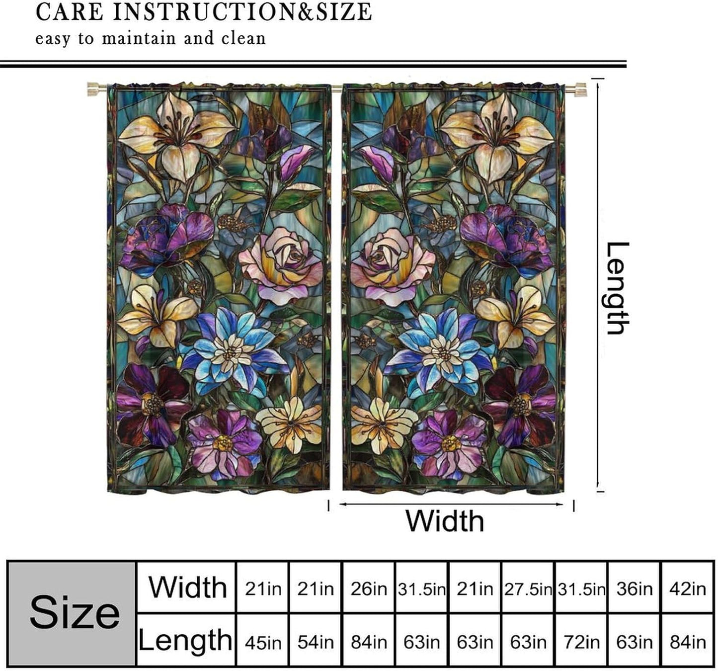Stained Glass Curtains,Retro Colored Glass Flowers Art Home Decor Drapes for Bedroom Living Room Kitchen Window Treatment 2 Panels Set Total Size 55" W X 63" L Inch