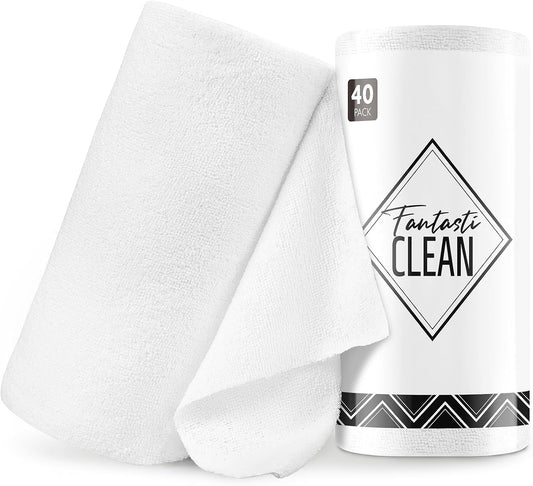Fantasticlean Microfiber Cleaning Cloth Roll -40 Pack, Tear Away Microfiber Towels, 12" x 12", Reusable, Washable, Scratch Free, Ultra Absorbent Dish Rags for Car, Home, Garage or Shop (White)
