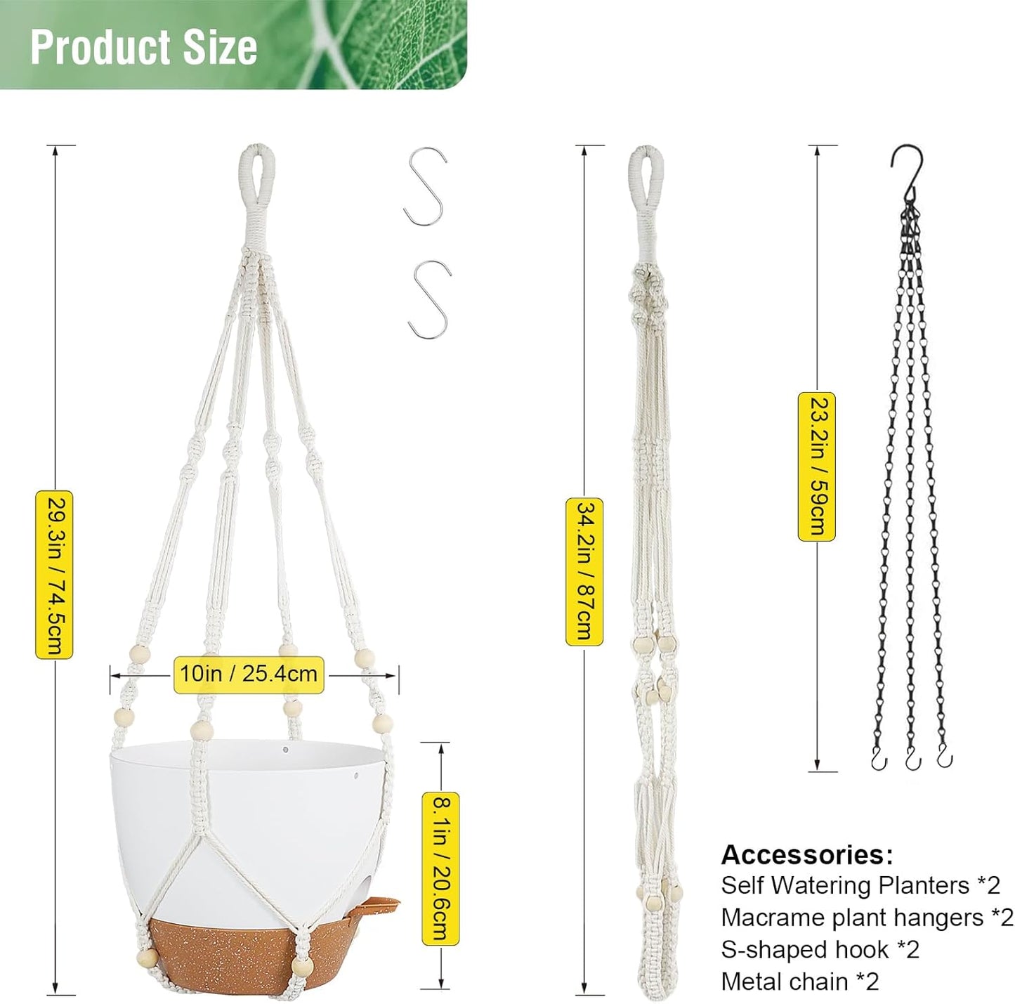 10 inch Self Watering Hanging Planters, 2 Pack Hanging Baskets for Indoor Outdoor Plants, Hanging Flower Pots with Drainage Holes & 2 Kinds of Plant Hangers for Garden Home Décor, White Brown