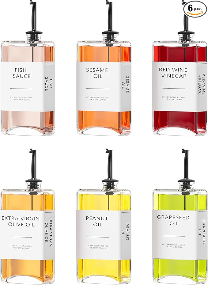 New England Stories Kitchen Cooking Oil Dispenser Set, Olive Oil and Vinegar Bottles, Soy Sauce Dispenser - 6 Pieces, Black, Durable & Stylish Design