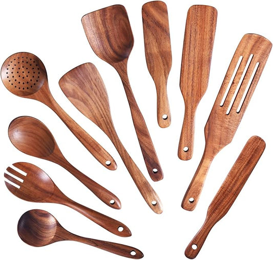 Wooden Spoons for Cooking,GUDAMAYE 10 PCS Wooden Kitchen Utensils Set,Wooden Cooking Utensils For Non-stick Pan,Teak Wood Utensils Set,Spurtles Kitchen Tools As Seen On Tv
