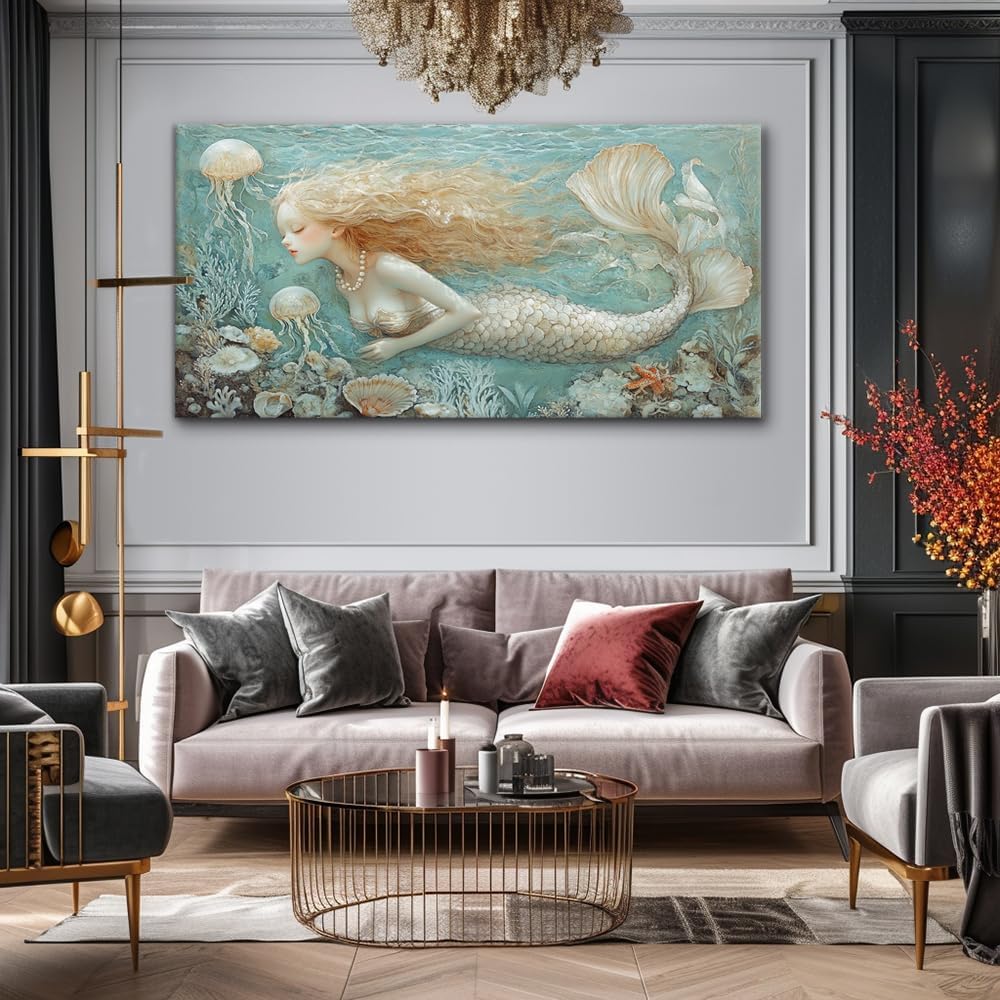 LASMOND Ocean Mermaid Wall Art for Girls Room Modern Canvas Prints Marine Organism Underwater World Sea Creatures Artwork Paintings Women Bedroom Wall Decor (46x23 Inches)