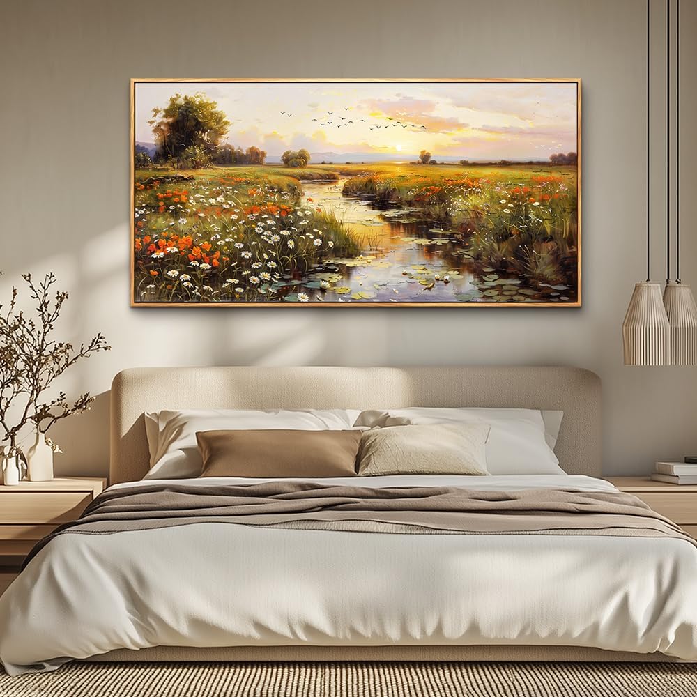 PHAOHUAXM Large Canvas Wall Art For Living Room Wall Decor For Bedroom Watercolour Painting Office Decoration Countryside Sunrise Scenery Wall Picture Home Decor Ready To Hang 30x60 In Wood Framed