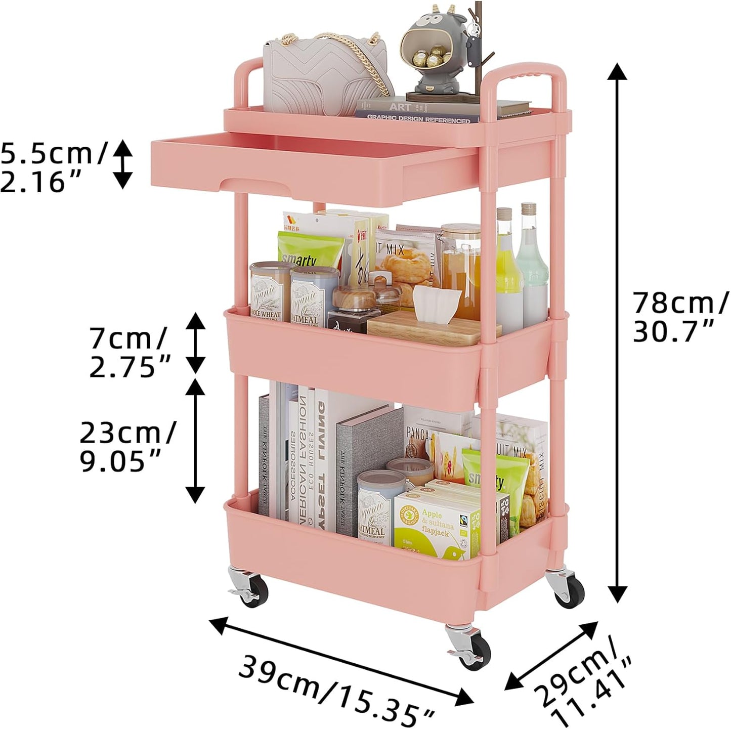 Calmootey 3-Tier Rolling Utility Cart with Drawer,Multifunctional Storage Organizer with Plastic Shelf & Metal Wheel,Storage Cart for Kitchen,Bathroom,Living Room,Office,Pink
