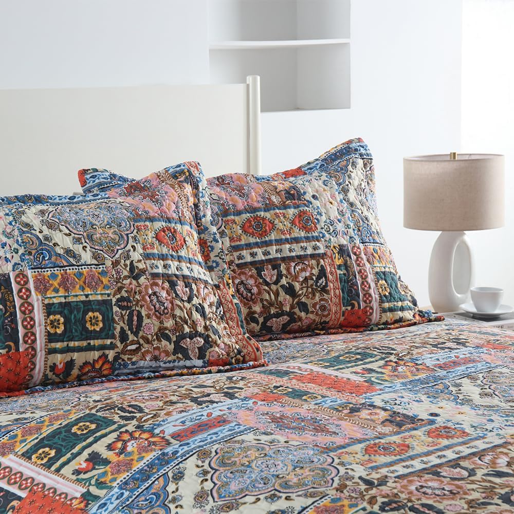 Cotton Bedspread Quilt Sets Reversible Coverlet Sets Comforters Vintage Bohemian Patchwork Bedspread Bedding Sets,Gorgeous Bohemian Floral,King Size