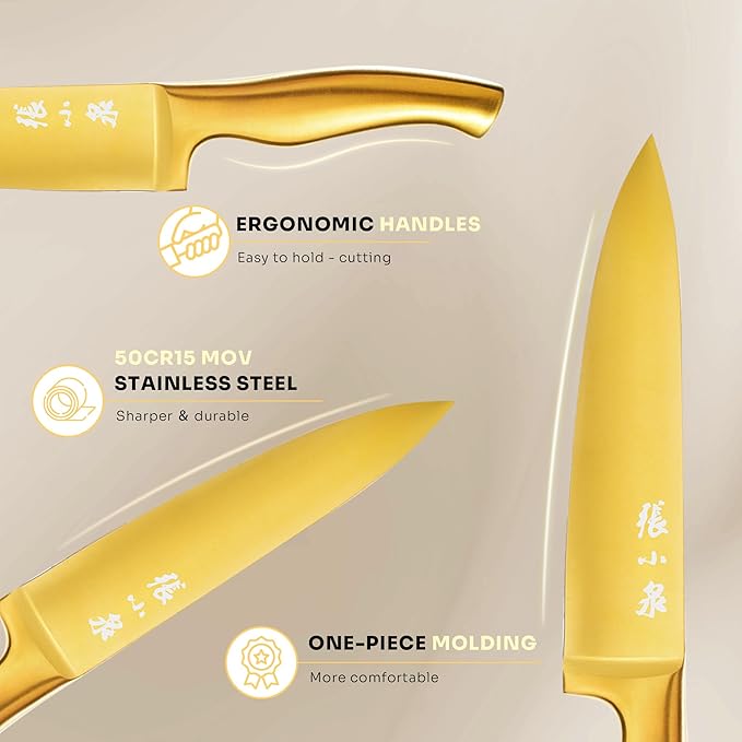ZHANG XIAO QUAN SINCE 1628 15Pcs Knife Sets with Block, 50Cr15MoV Stainless Steel kitchen knife set with Built-in Sharpener Dishwasher Safe(Golden)