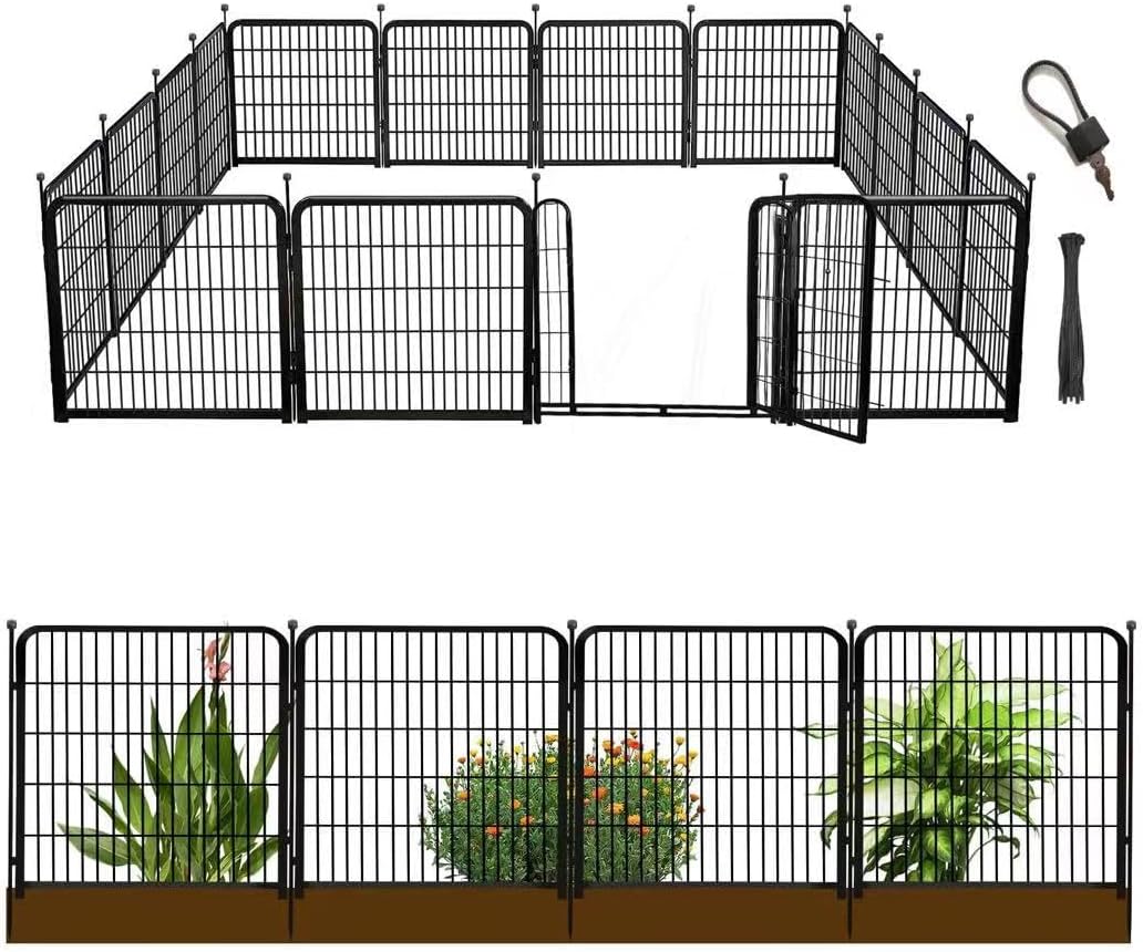 Garden Fence with Gate 32 in(H)×26.6 Ft(L) 12 Panels, Heavy Duty Iron Animal Barrier Fence for Yard, Suitable for Indoor Pet Fence Or Outdoor Dog Fencing