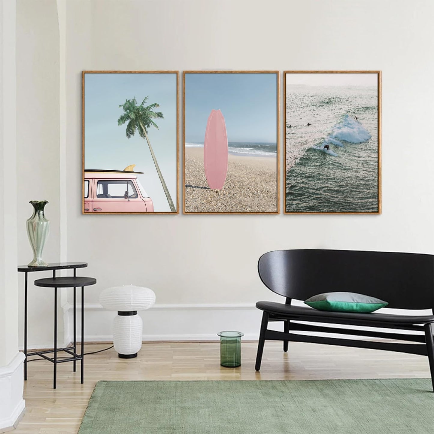 Tinonedraw Large Ocean Beach Framed Canvas Wall Art, Summer Coastal Surfboard Wall Decor, Palm Tree Pink Car Artwork, Modern Surfing Seascape Art Prints for Living Room Bedroom Office 16"x24"x3