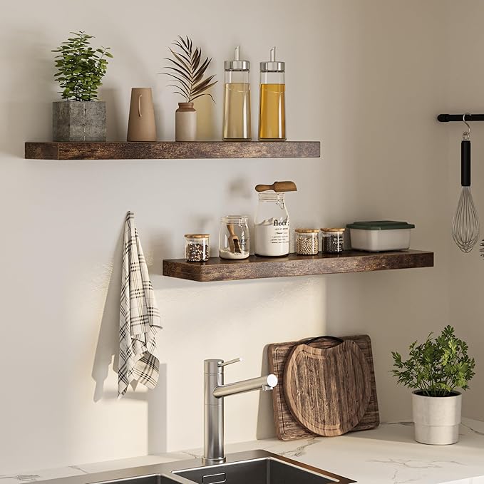 Floating Shelves for Wall, 36"W x 8"D x 1.5"H, Wooden Wall Mounted Display Shelves with Invisible Brackets for Living Room, Bedroom, Bathroom, Kitchen Decor and Storage, Set of 2, Rustic Brown