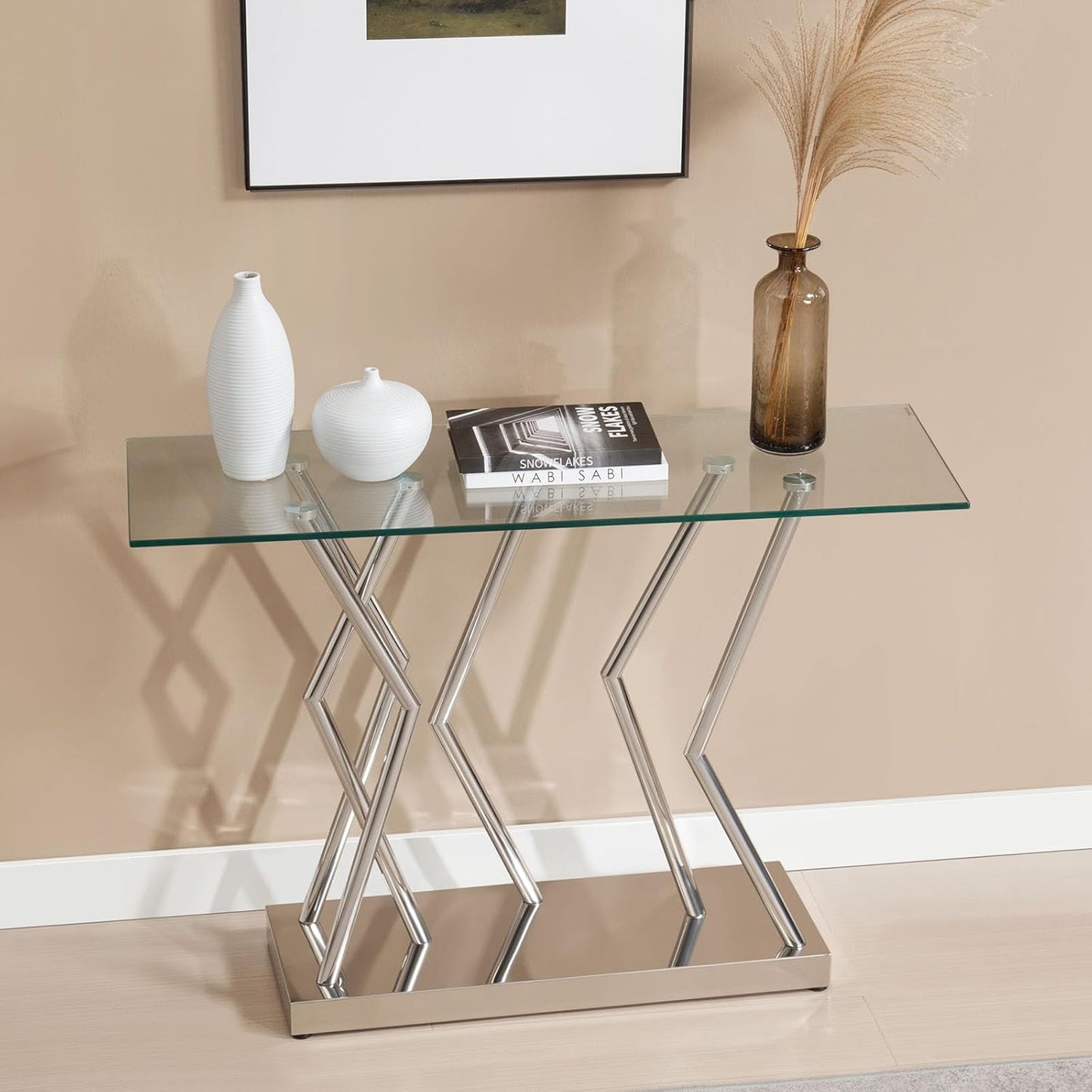 43.3" Glass Modern Console Table, Sturdy Silver Entryway Table with Stainless Steel Base, Rustic Entrance Table, Minimalist Narrow Tables for Living Room & Office