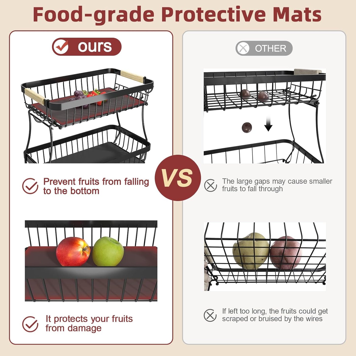 2 Tier Fruit Basket for Kitchen Counter with 2 Mobile Banana Hangers, 2025 Pro Detachable Metal Fruit Bowl with Wooden Handle, Fruit Holder for Bread Snack Veggies with Protective Mats