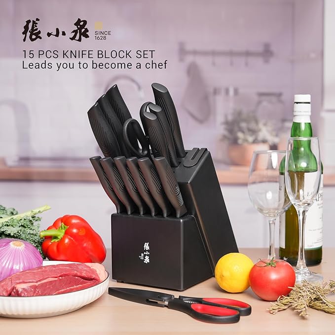 ZHANG XIAO QUAN SINCE 1628 15Pcs Knife Sets for Kitchen with Block,Knife Set with Built-in Sharpener Dishwasher Safe（Master A）