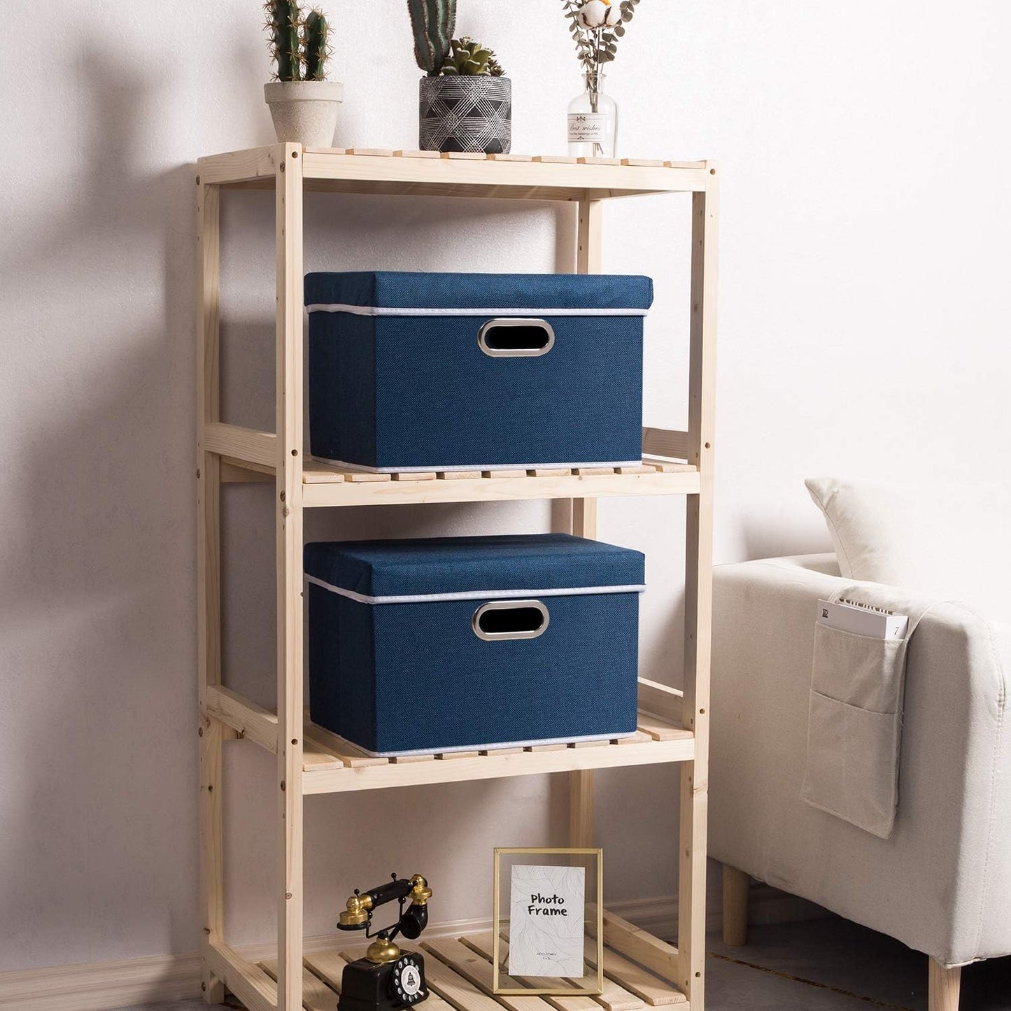 PRANDOM Foldable Storage Bin with Lid [5-Pack] Linen Fabric Decorative Storage Box Organizer Container Basket Cube with Handles Divider for Closet Office Living Room Royal Blue(14.9x9.8x9.8)