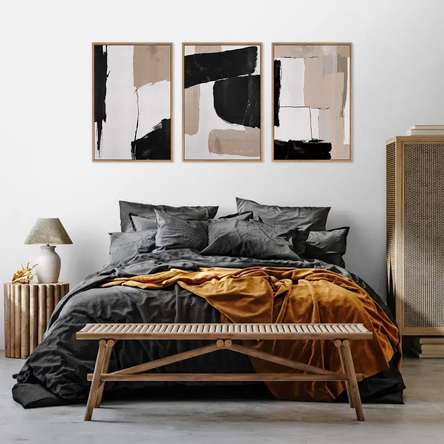 HLNIUC Large Framed Neutral Abstract Canvas Wall Art,Black and White Abstract Wall Decor Set of 3(16”X24”)Modern Minimalist Color Block Art Print,Beige Mid Century Wall Painting for Living Room,Office