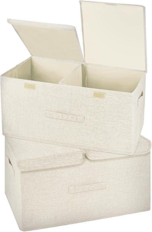 2 Pack Storage Boxes with Lids and Handles, Collapsible Linen Storage Bins Organizer Containers Baskets Cube with Removable Divider for Home Bedroom Closet Office (Cream, Large)