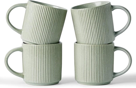 famiware Coffee Mug Set for 4, Star 12 oz Catering Mugs Cup Set with Handle for Coffee, Tea, Cocoa, Milk - Ceramic Stoneware Drinkware Set, Matte Green