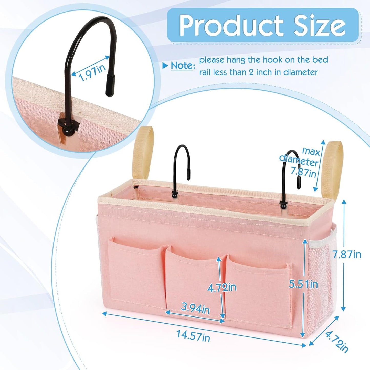 Bedside Storage Caddy/Bedside Hanging Storage Bag for Headboards Bunk Beds Dorm Rooms Book Phone Magazine Holder (New Pink)