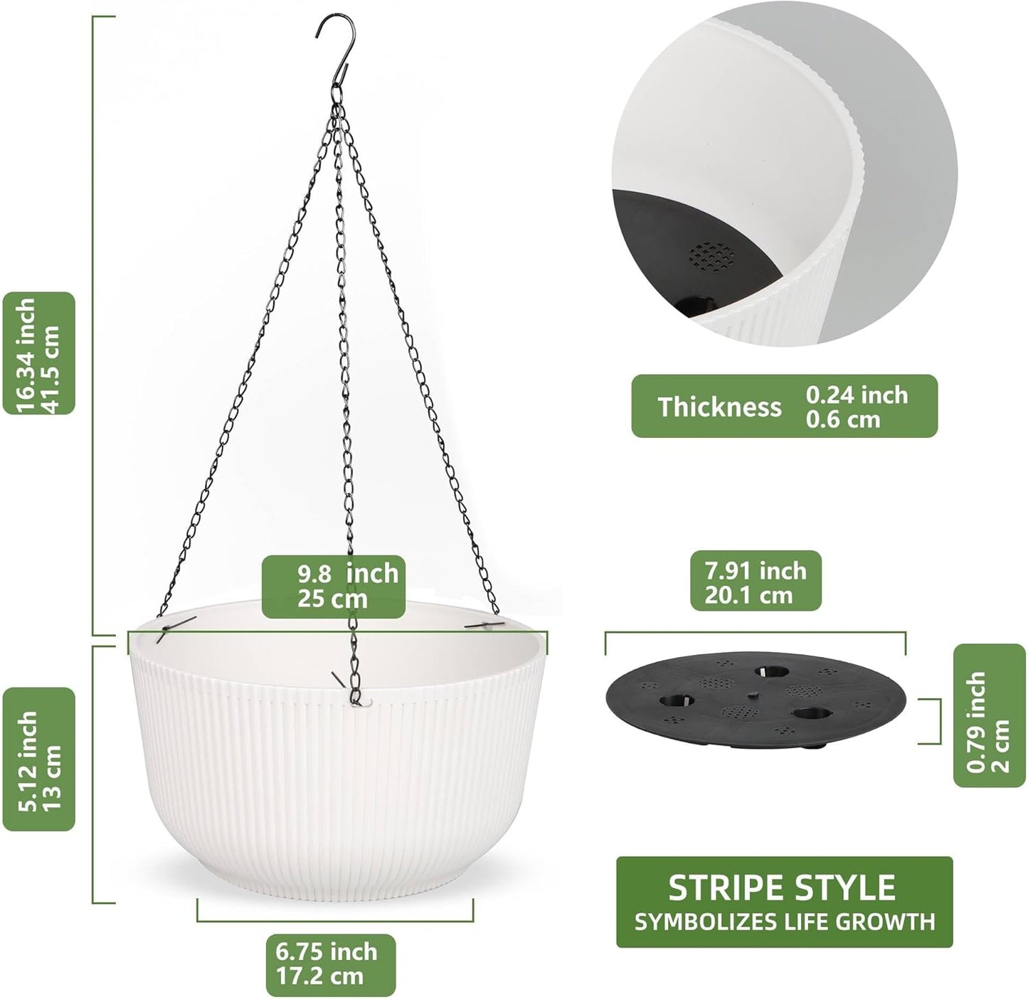 Dexceder 9.8 Inch Self Watering Hanging Planters Indoor Outdoor, Thickened Hanging Basket Flower Plant Pot (2 Pack, White)