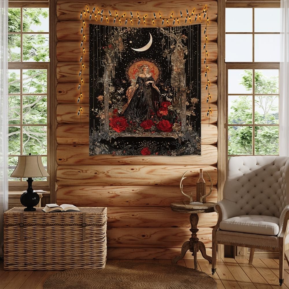 Dark Academia Moon Goddess Tapestry Gothic Fantasy Rose Wall Art Mystical Witchy Woman Print Victorian Artwork Aesthetic Tapestries Wall Hanging for Girls Room Bedroom Decor 50x60inch
