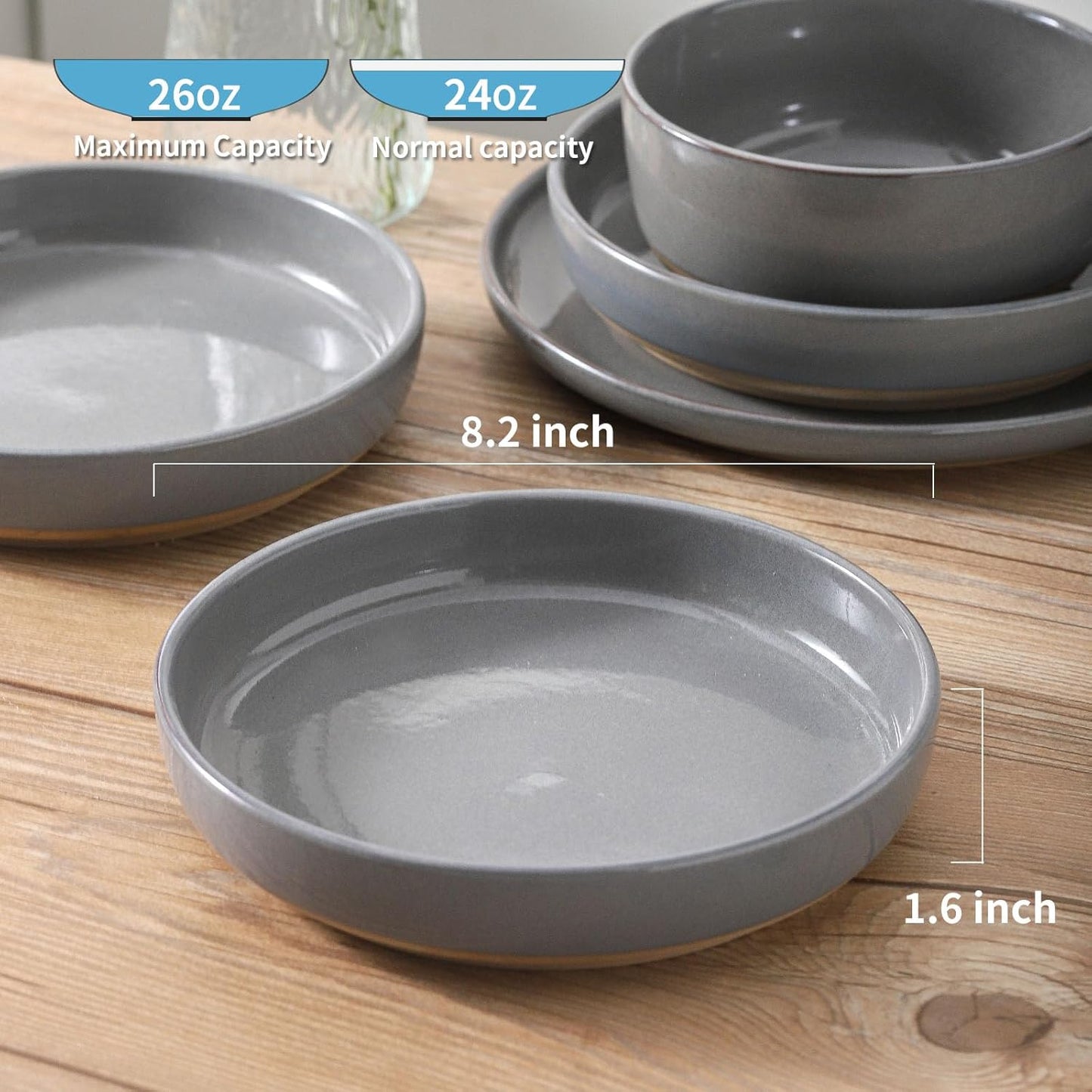 Pasta Bowls 26 OZ,Ceramic Salad Serving Bowls Set of 4,Large 8.2 inch Shallow Bowls Plates for Soup,Fruit,Noodle,Dinner,Dishwasher & Microwave Safe,Gray