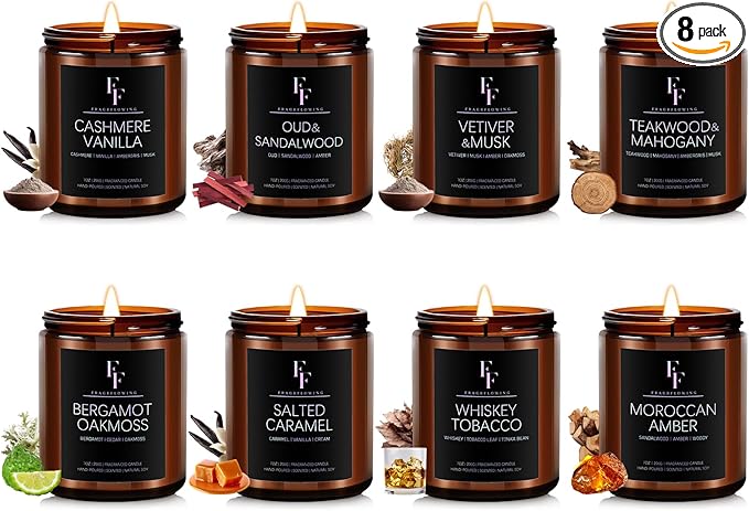 Scented Candles Set, Soy Wax Candles 8 Pack 56 Oz Aromatherapy Candles Gift Set for Women Men （Vanilla/Sandalwood/Amber/Mahogany/Vetiver/Bergamot/Caramel/Whiskey）