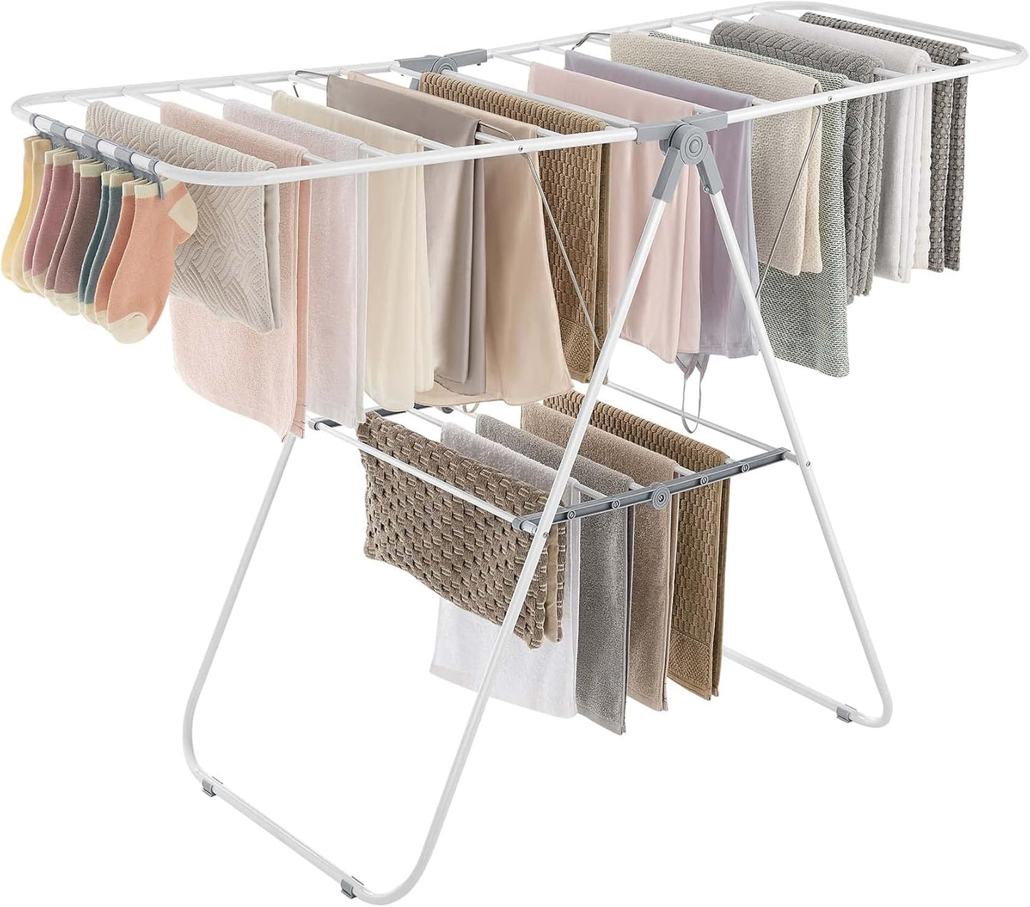 SONGMICS Clothes Drying Rack, with Sock Clips, Metal Laundry Rack, Foldable, Space-Saving, Free-Standing Airer, with 2 Height-Adjustable Gullwings, Indoor Outdoor Use, White and Gray ULLR052W02