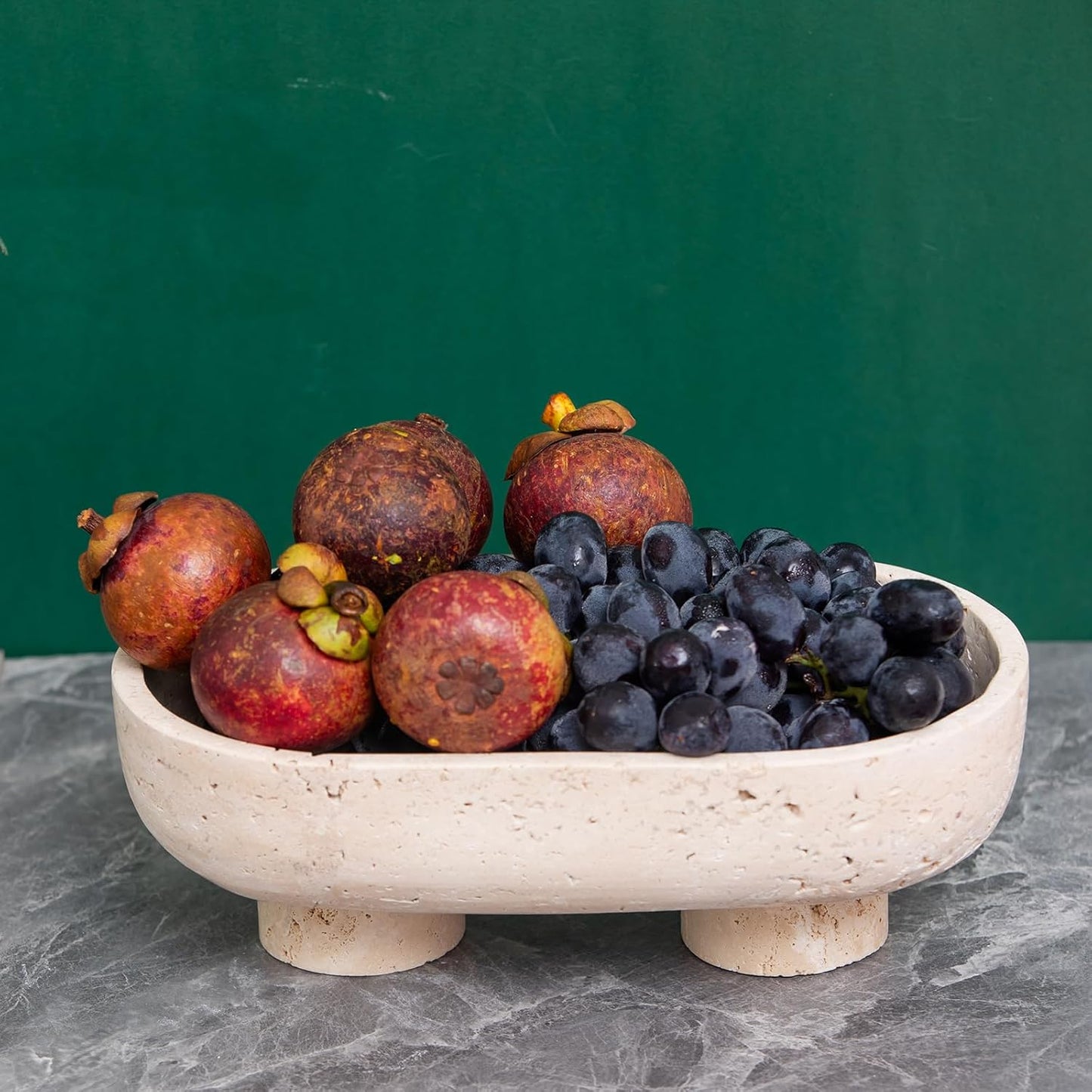 Natural Oval Travertine Fruit Bowl 10" – Large Decorative Bowl & Travertine Decor Pedestal for Kitchen Counter & Dining Table ,For Entryway, Kitchen Fruit Bowl, Potpourri, Dining Table Centerpiece.