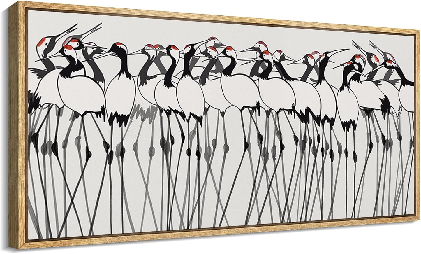 MUDECOR Extra Large Framed Canvas Print Wall Art Minimalist Crane Flock Japanese Ink Style Bird Illustrations Decorative Colorful Multicolor for Bedroom - 60"x30"
