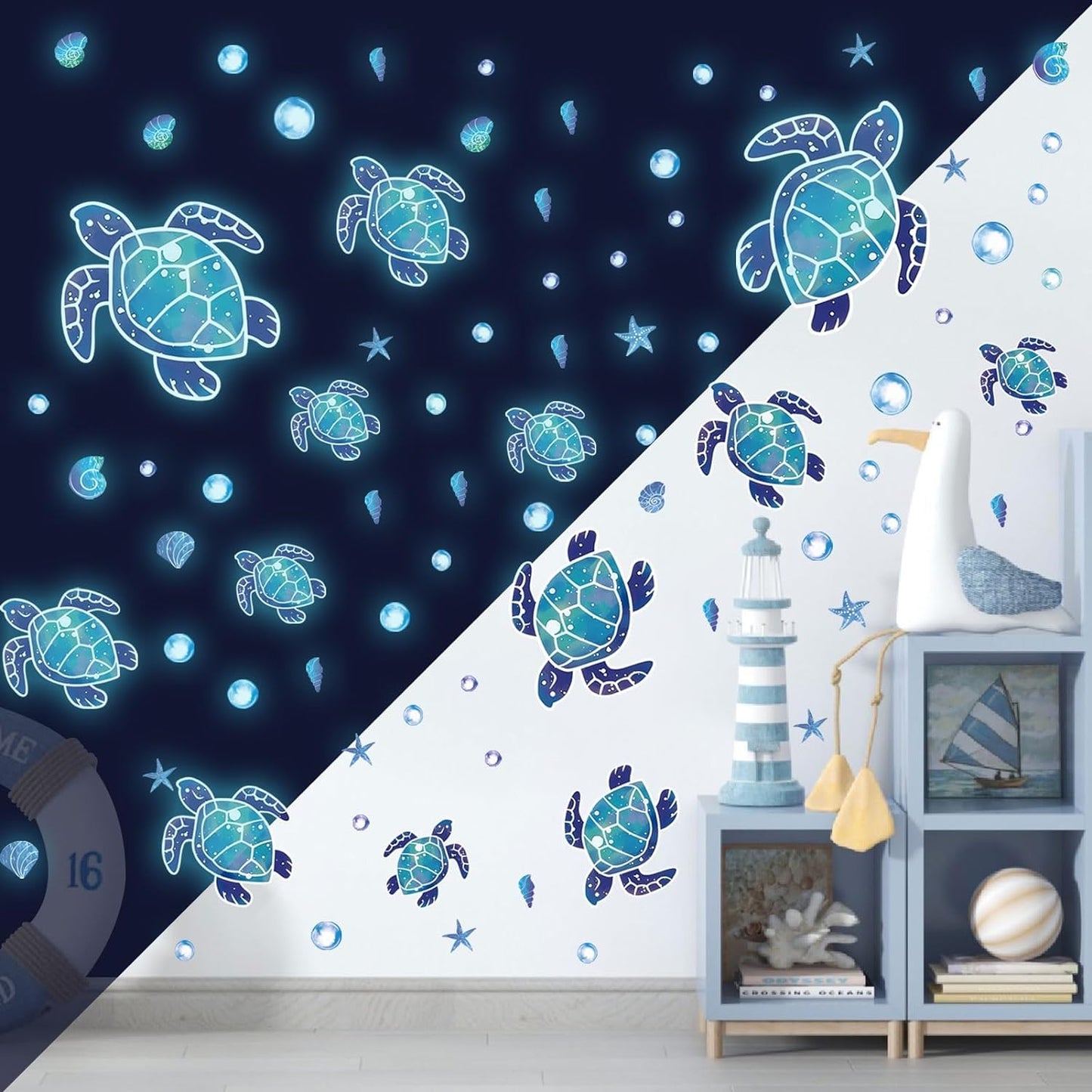 Glow in The Dark Sea Turtle Wall Decals,Under The Sea Turtle Bathroom Wall Stickers Ocean Wall Decor for Kids Baby Nursery Living Room Beach Room Decor
