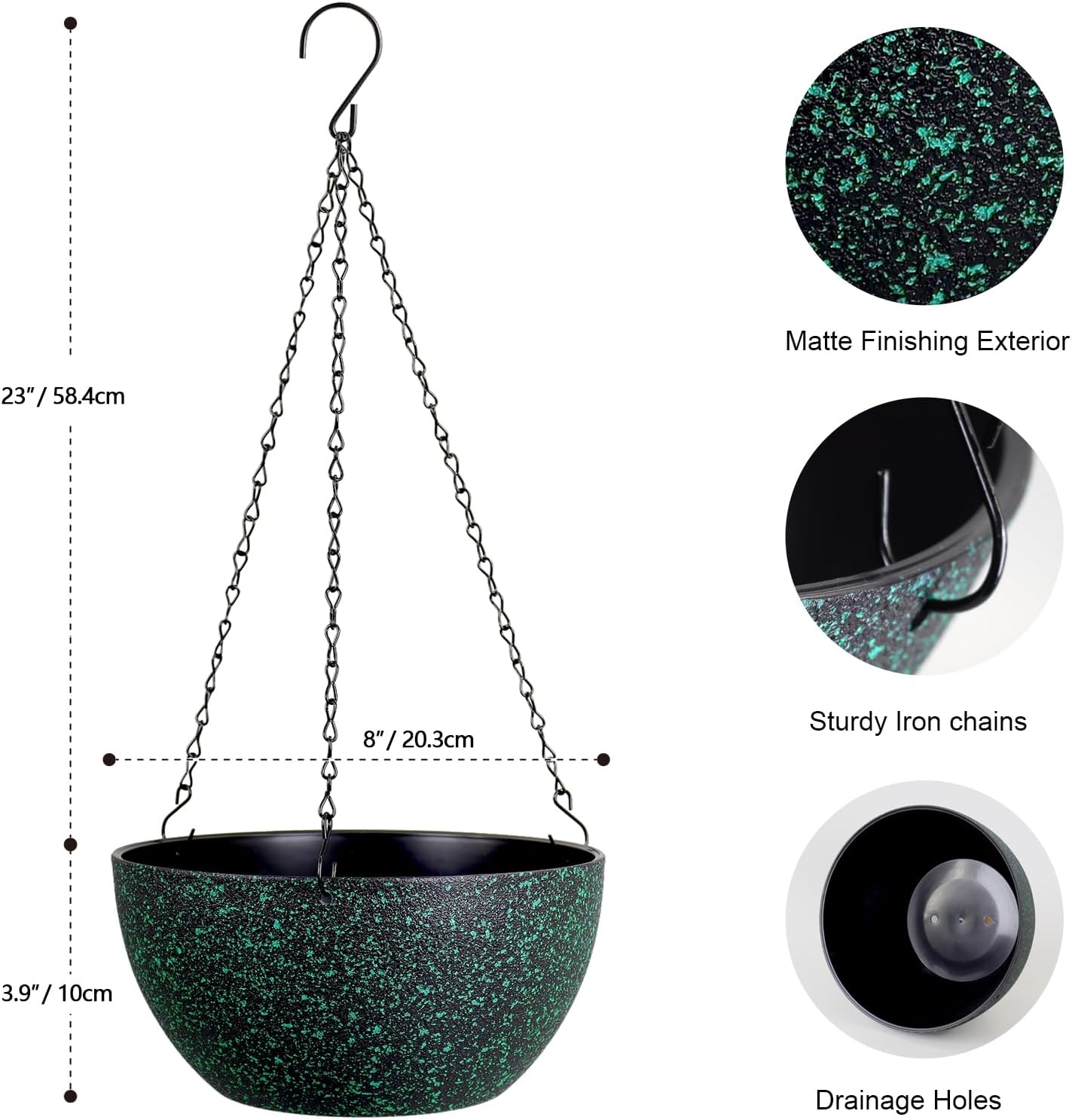 8 inch Small Hanging Planters for Indoor Outdoor Plants, 2 Pack Hanging Flower Pots with Drainage Holes and Chain, Plastic Hanging Baskets for House Plants, Black with Green Speckles