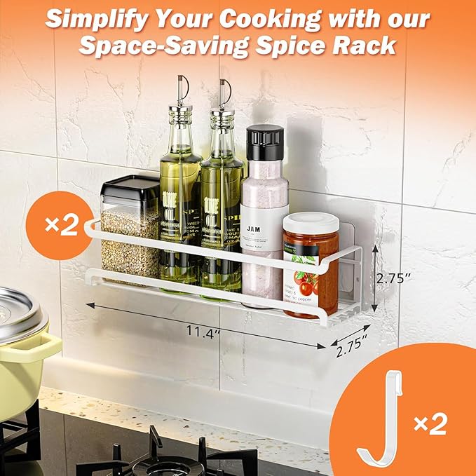 Spice Rack wall mounted 2 Pack, Space-Saving Spice Organizer for Spice Jars and Seasonings,Screw or Adhesive Hanging Spice Rack Organizer for Your Kitchen Cabinet,or Pantry Door,White