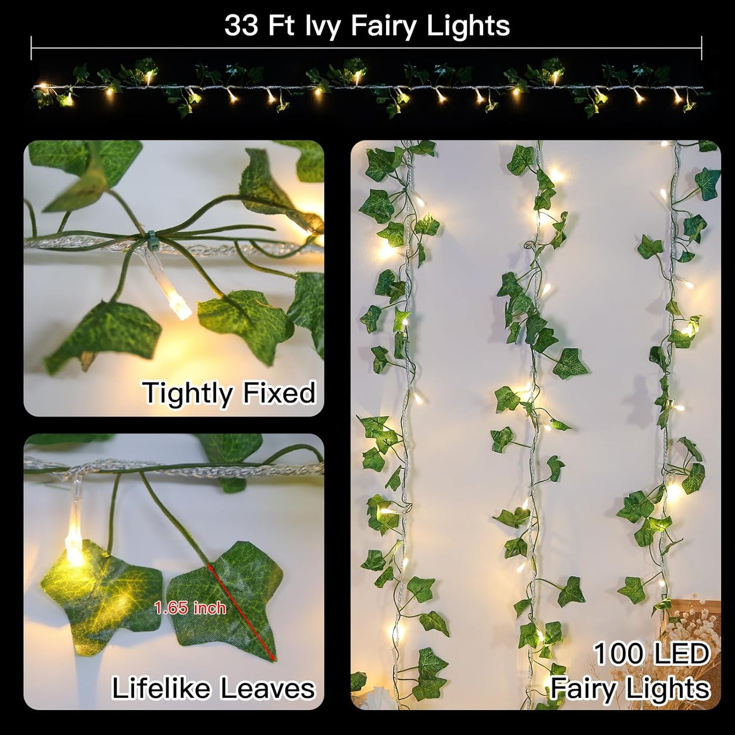 suddus Vine with Fairy Lights Plug in, 33ft 100 LED Ivy String Lights Connectable with Remote, Leaf Light for Bedroom, Room, Wall, Garden, Party, Wedding Decor (Warm White)