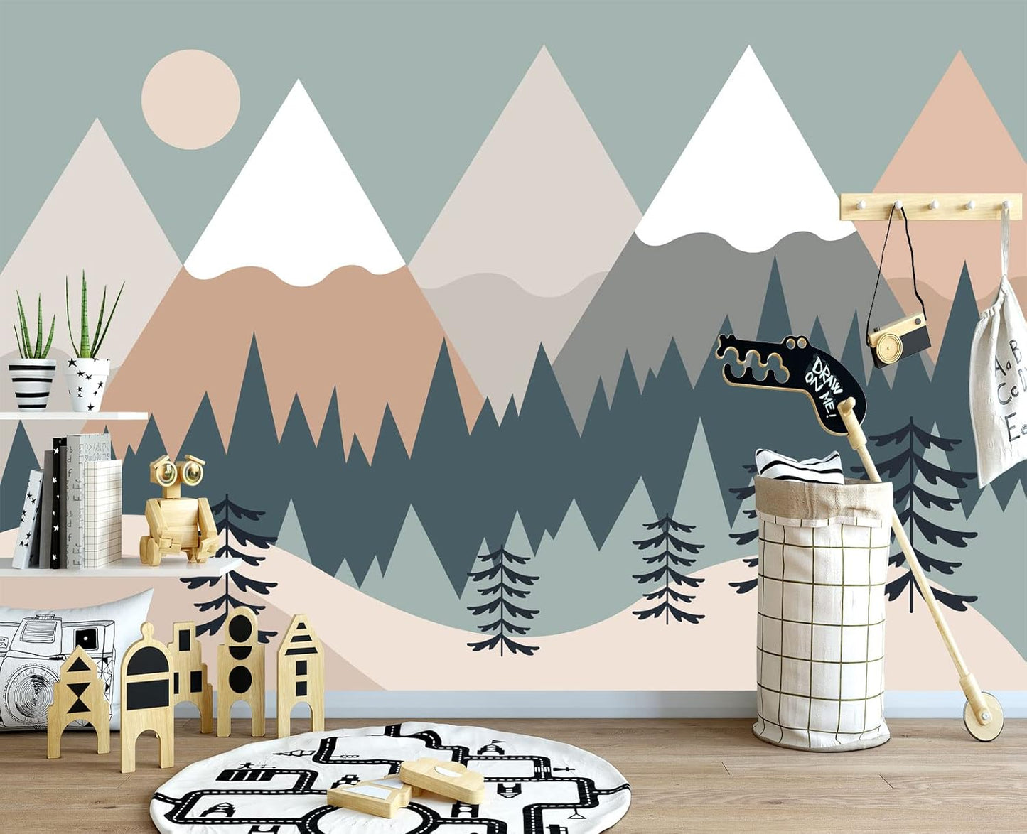 Children's Cartoon Mountain Peak Forest Sun Nursery Wall Mural Wallpaper 178" x 117"