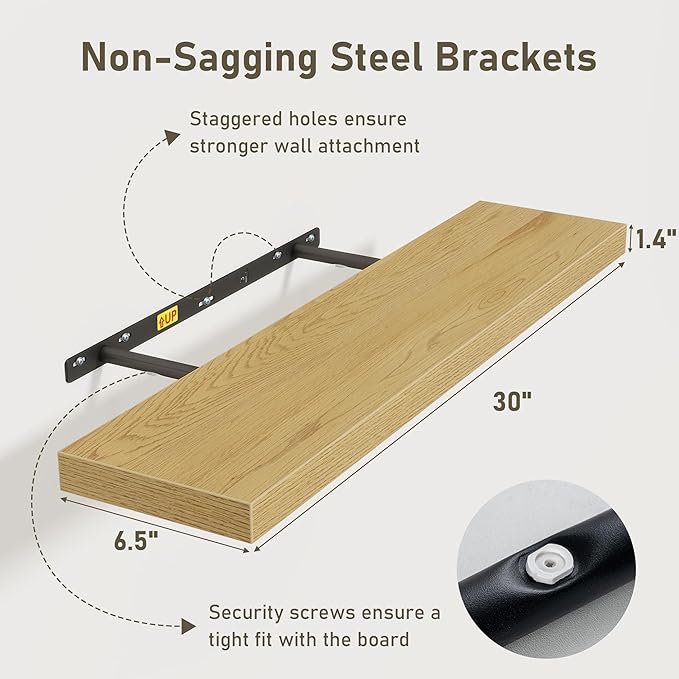 Floating Shelves Wall Shelf 30 Inch Long, Rustic Wood Bathroom Shelves 30 Inch, Farmhouse Home Decor Kitchen Living Room Bedroom Shelves Wall Mounted, 30 x 6.7 x 1.4 Inch, Set of 3, Oak Color