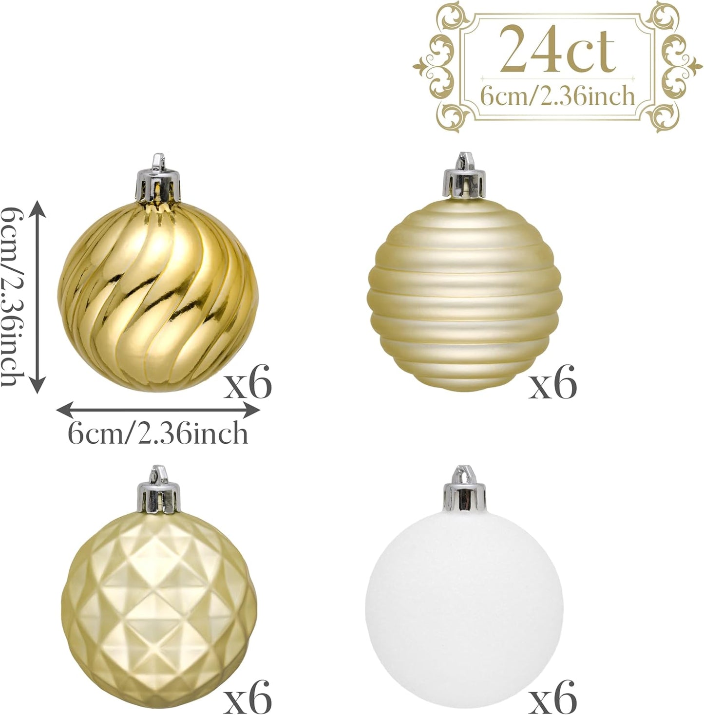 Valery Madelyn Christmas Ornaments Tree Decorations Set for Fall Halloween, 24ct White Gold Shatterproof Ball Ornaments, 2.36" Hanging Ornament Bulk for Xmas Holiday Party Decor